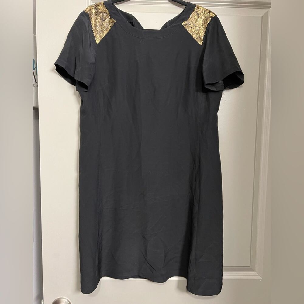Madewell Black Silk & Gold Sequin Shoulder Accent Back Ribbon Cutout Dress
